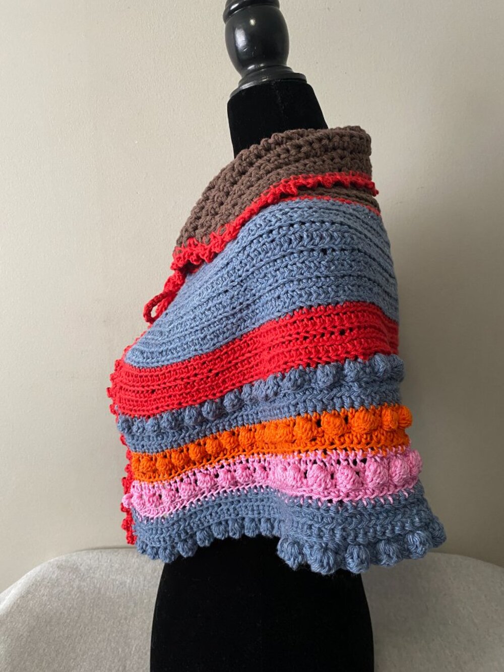 Handmade Crochet Brown Blue Orange Red Pink Cotton Shawl Capelet - Picture 4 of 6